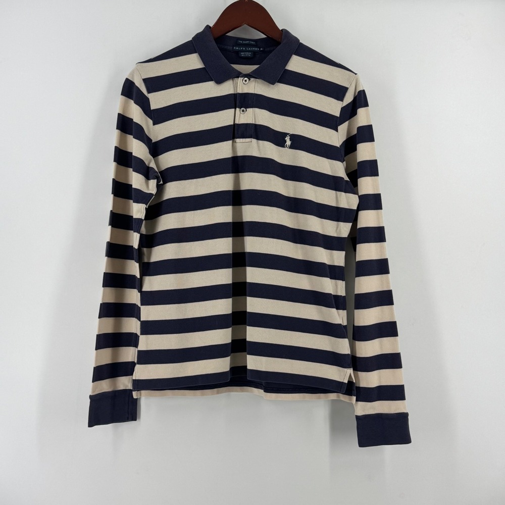 Ralph Lauren The Skinny Polo Women XL Navy Blue Cream Striped Long Sleeve Cotton
